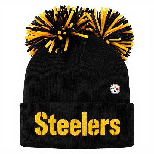 Photograph of a black knit beanie with yellow 