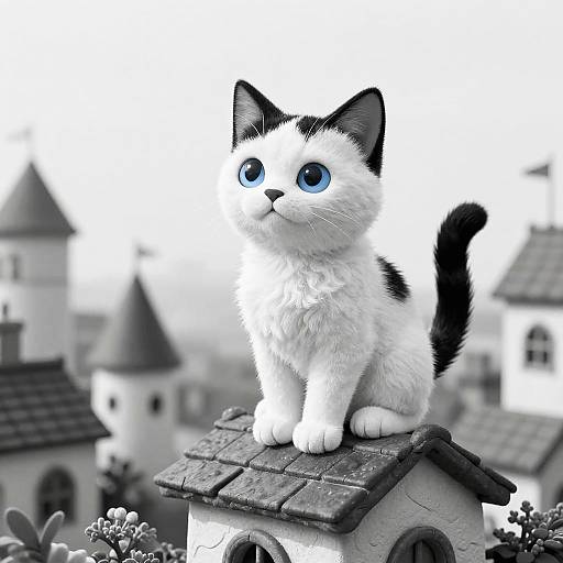 Surreal Black and White Cat with Blue Eyes on Smurf Village Rooftop
