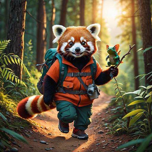 Red Panda Hiking with Miniature Chameleon Red Panda Hiking with Miniature Chameleon