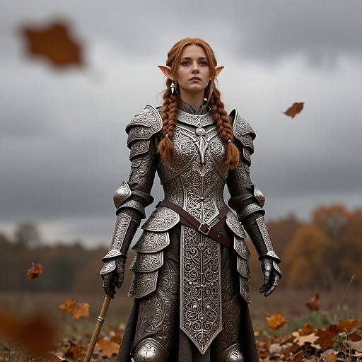 Photorealistic digital artwork of a red-haired, elf-like woman in ornate silver armor standing in an autumnal forest, holding a staff, with