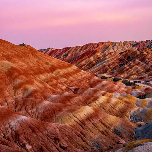 Photograph of vibrant, red and orange-striped desert hills under a pink and purple sunset sky, with textured, layered terrain.