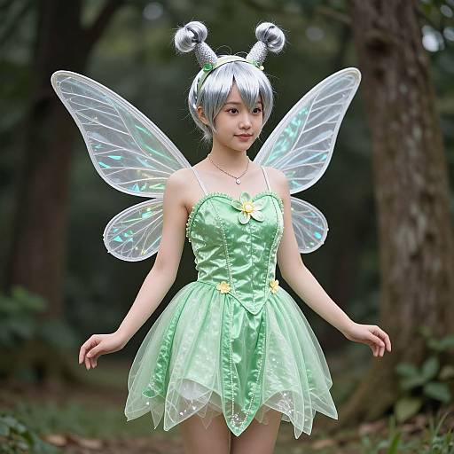 Digital art of a cute Asian fairy with silver hair, green satin dress, transparent wings, and forest background.