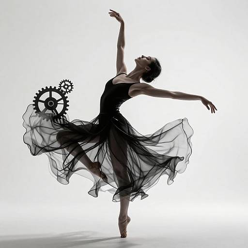 Silhouetted ballerina in a flowing black dress with transparent layers, balancing on one leg, arms gracefully extended, with mechanical gears attached to