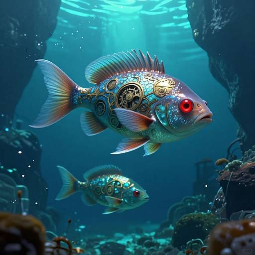 Surreal Clockwork Fish in Underwater Realm
