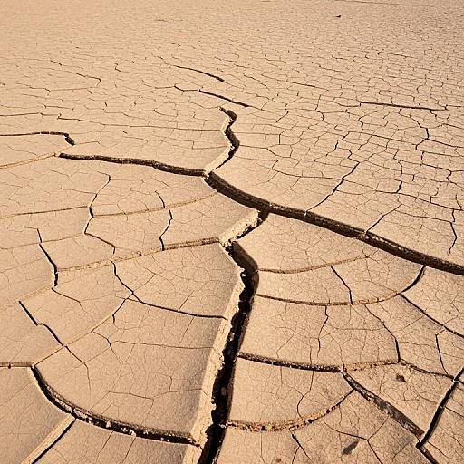 Photograph of a cracked, parched desert ground with prominent dark brown fissures and light beige, sunlit, dry earth texture.