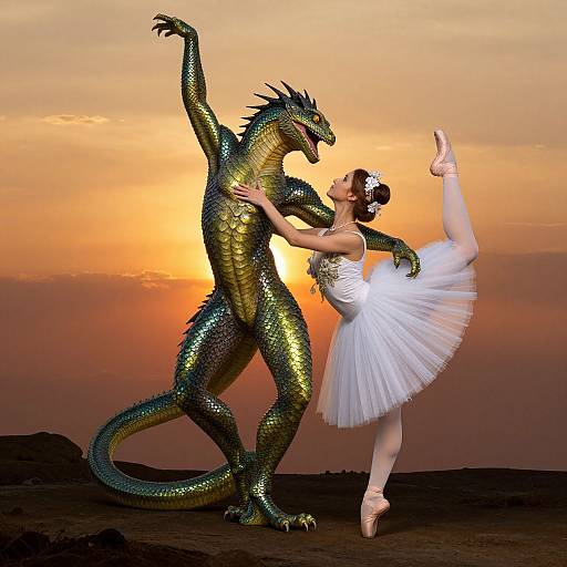 Digital artwork: A green, scaly dragon dances with a white ballerina in a tutu, sunset sky in the background. She balances on