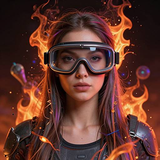 Digital artwork of a serious young woman with long brown hair, wearing large goggles and armored shoulders, surrounded by fiery orange flames.
