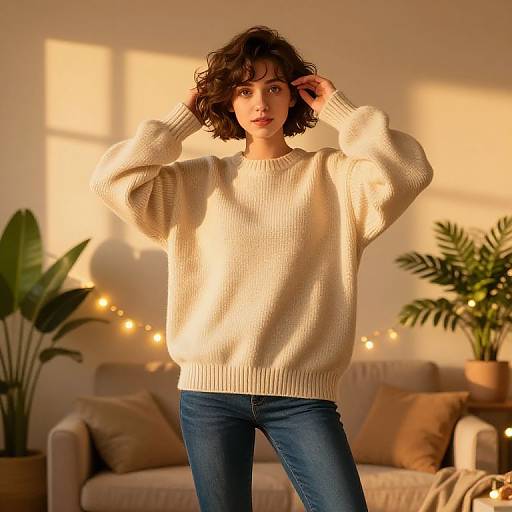 Photograph of a curly-haired woman in a cozy beige sweater and blue jeans, standing in a sunlit living room with potted plants and string lights