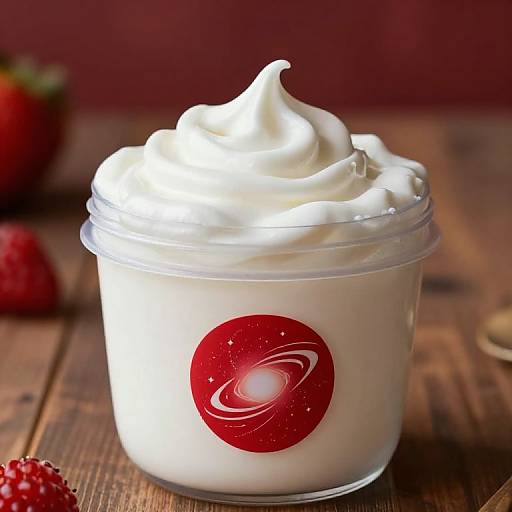 Photograph of a glass cup filled with whipped cream, topped with a swirl, featuring a red planet logo, on a wooden surface with strawberries in the