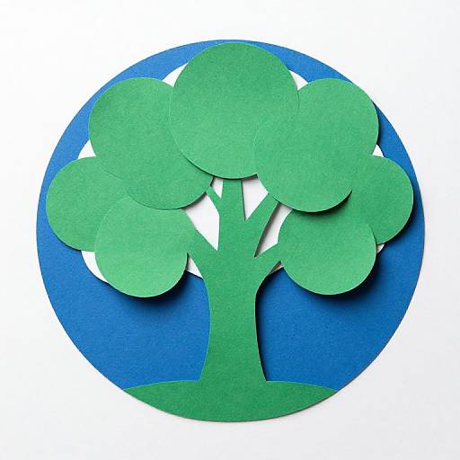 Photograph of a green paper tree with five rounded leaves, cut-out sections, set against a blue circular background.