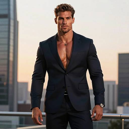 Photograph of a muscular, handsome man with short brown hair, wearing an open black suit, revealing a chiseled chest, standing on a balcony