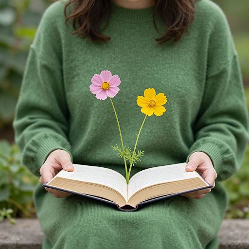 Photograph of a person in a green sweater holding an open book with pink and yellow flowers emerging from it.