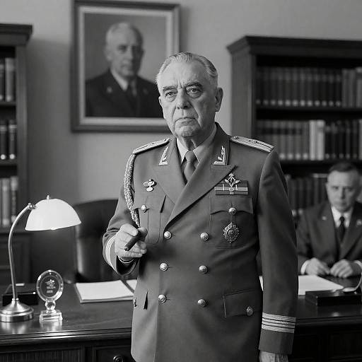 Elderly Military Officer with Cigar in Library