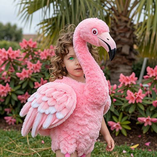 Photograph of a curly-haired toddler wearing a pink, fluffy flamingo costume, standing in a garden with pink flowers and palm trees.