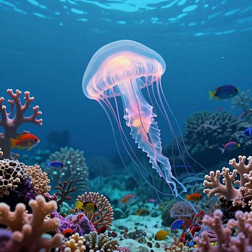 Photograph of a vibrant underwater scene featuring a glowing, translucent jellyfish with trailing tentacles, surrounded by colorful coral, fish, and a deep blue