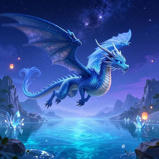 Digital art of a glowing blue dragon with wings spread, soaring over a luminous, crystal-filled lake under a starry night sky.