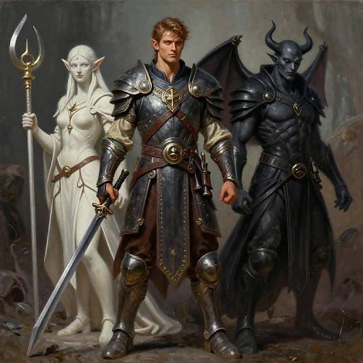 Digital fantasy painting of a muscular armored man with brown hair, a white elf with a trident, and a black-skinned demon with horns, standing