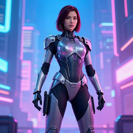 CGI image of a fierce, red-haired woman in a futuristic, silver armored suit with black accents, standing in a neon-lit, cyberpunk