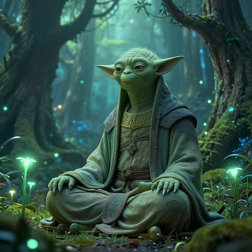 Digital artwork of a green-skinned, small, elf-like goblin in a hooded robe, sitting meditatively in a glowing, enchanted forest