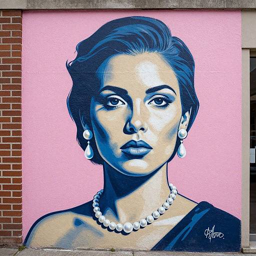 Stylized street mural of a woman with short blue-black hair, wearing pearl earrings and necklace, against a pink background. Signature 