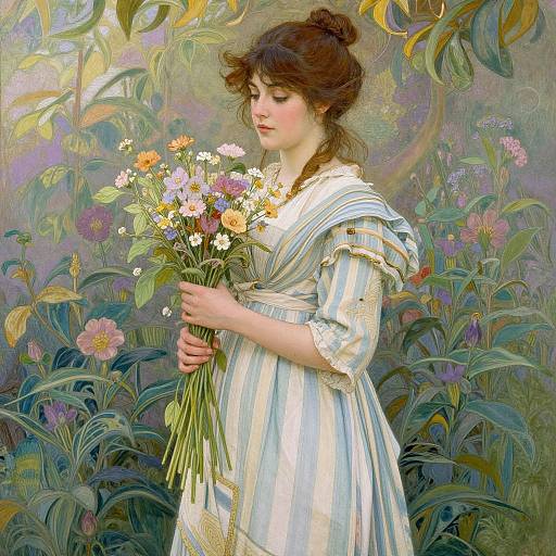 Young woman with curly brown hair in striped dress holds bouquet of flowers in vibrant, detailed, impressionist-style painting.