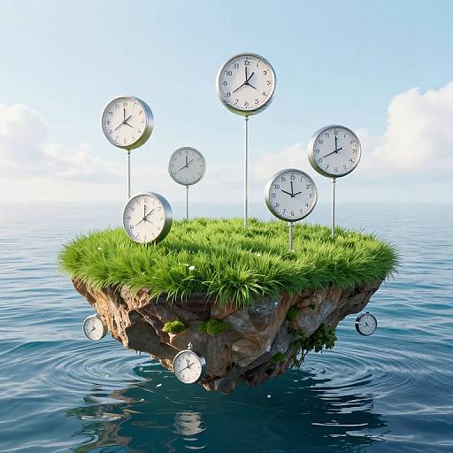 Floating grass island with nine clock faces, each showing different times, surrounded by calm blue water under a clear sky.