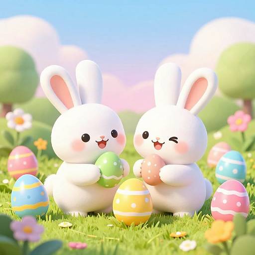 Playful Rabbits Among Easter Eggs