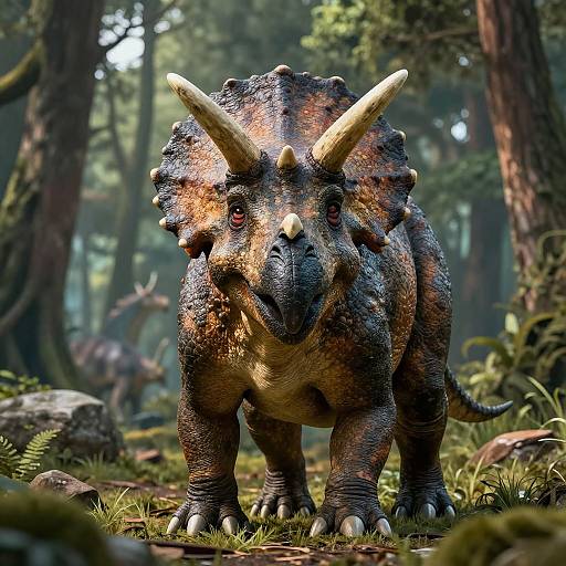 Photorealistic CGI of a detailed, textured triceratops with orange and black scaly skin, standing in a lush, sunlit forest.