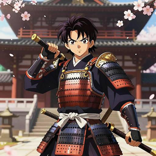 Anime-style digital drawing of a determined samurai with black hair, red and black armor, holding a sword, standing in front of a traditional Japanese temple