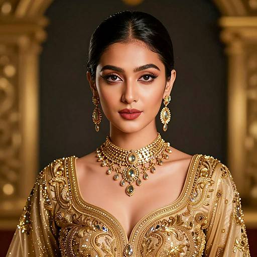 Elegant Asian Woman in Ornate Gold Dress