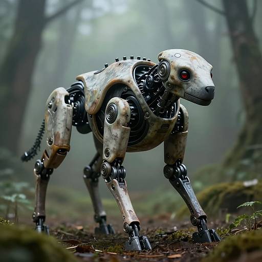 Photorealistic CGI of a cybernetic, white-furred, four-legged creature with red eyes, standing in a misty, moss-covered forest