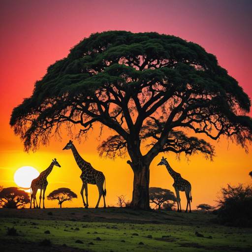 Silhouettes of Giraffes by Acacia Tree at Sunset Silhouettes of Giraffes by Acacia Tree at Sunset