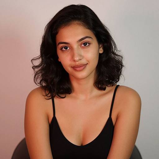 Photograph of a young South Asian woman with medium skin tone, wavy black hair, wearing a black spaghetti strap top, smiling softly against a plain