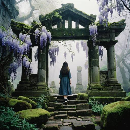 Girl Exploring Ancient Wisteria Temple