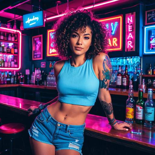 Young woman with tattoos in neon-lit bar