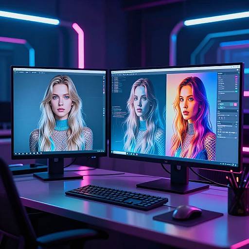 Photograph of a neon-lit workspace with two monitors displaying three close-up portraits of blonde women with blue, purple, and pink lighting.