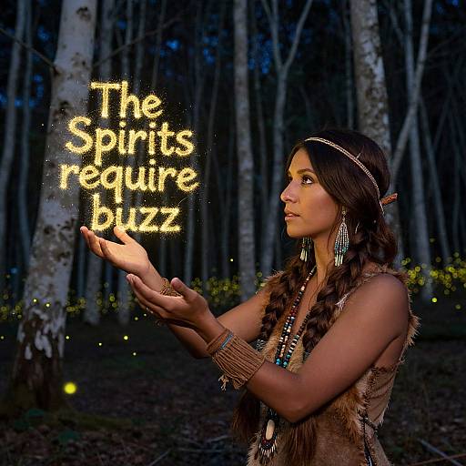 Photograph of a Native American woman with braided hair, wearing a brown fur vest, holding glowing yellow text 