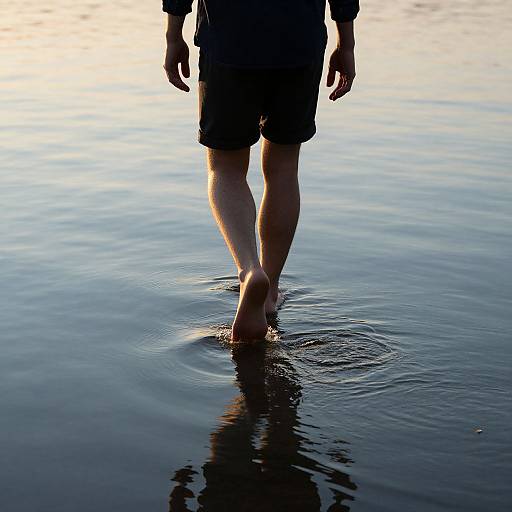 Photograph of a person's lower body, standing in calm water at sunset, wearing dark shorts, barefoot, with ripples around ankles.