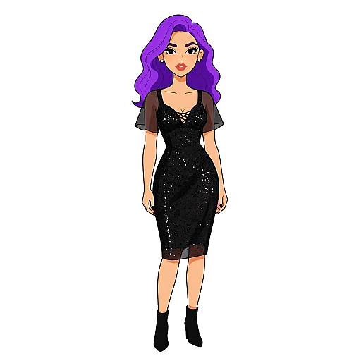 Digital illustration of a woman with vibrant purple hair, wearing a black, sheer dress, black boots, and standing against a white background.