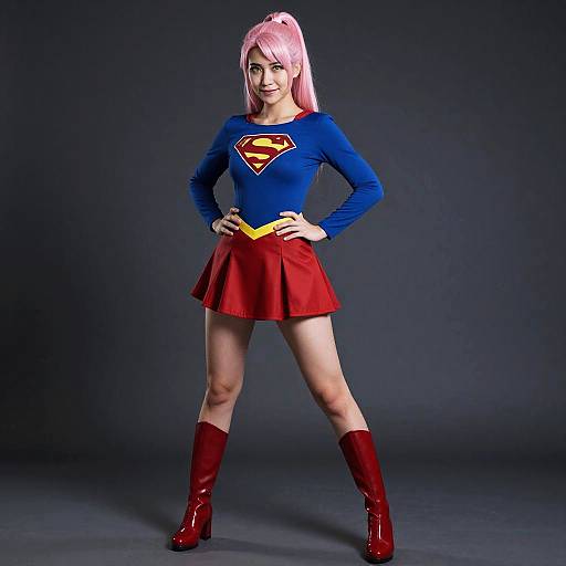 Photograph of a young woman with pink hair, blue Superwoman top, red skirt, and red boots, standing confidently against a dark background.