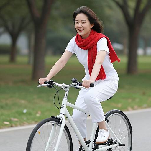 Photograph of a smiling Asian woman with long black hair, wearing a red scarf, white outfit, and white shoes, riding a white bicycle on a