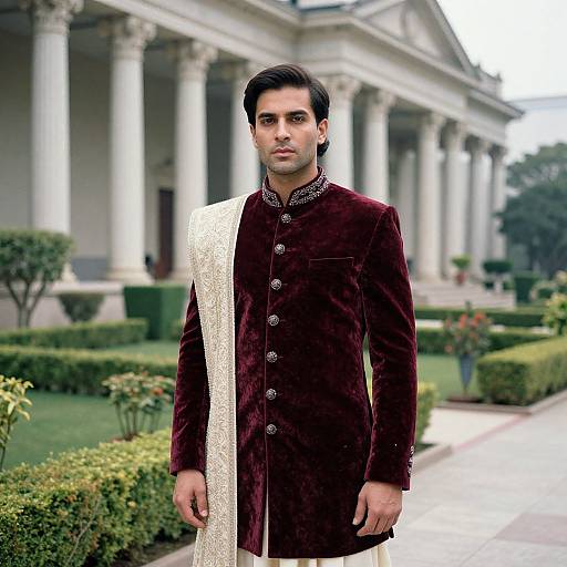 Photograph of a young South Asian man with dark hair and fair skin, wearing a maroon velvet sherwani with a white embroidered dhoti