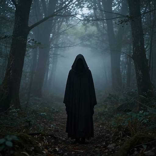 Mysterious, hooded figure in dark cloak stands centered in foggy, blue-lit forest, surrounded by tall, shadowy trees. Photograph.