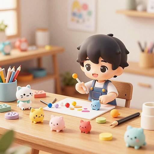 Photograph-style digital illustration of a cute, black-haired child in blue overalls, drawing colorful, adorable animals on a wooden table.