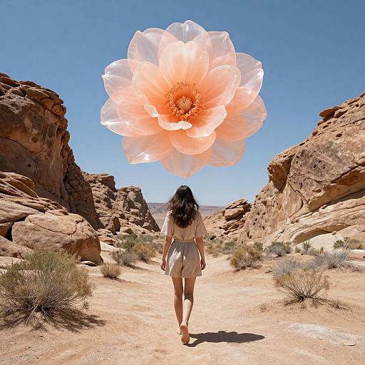 Photograph of a woman in a white dress walking through a desert canyon with a giant, glowing pink flower floating above her head against a clear blue sky
