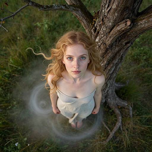 Photograph of a pale, red-haired woman with blue eyes, wearing a white, off-shoulder dress, standing in front of a twisted tree