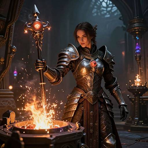 Digital fantasy art: Dark-haired woman in ornate, glowing silver armor holding a magical staff over a blazing cauldron in a dimly lit,