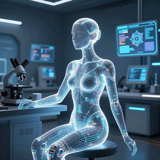 Futuristic Sentient AI Humanoid in High-Tech Lab