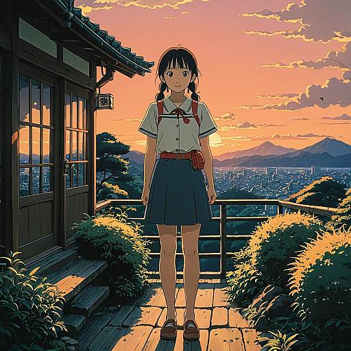 Anime Girl at Sunset on Wooden Terrace