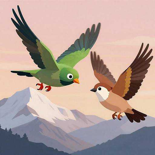 Vibrant Birds in Flight Over Mountains